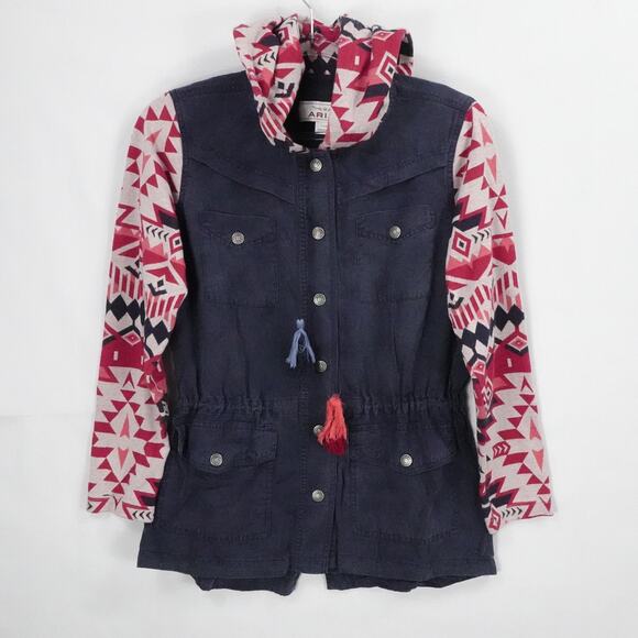 Ariat Jackets & Blazers - Ariat Jacket Womens Large Navy Blue Aztec Hooded Drawstring Western Southwestern
